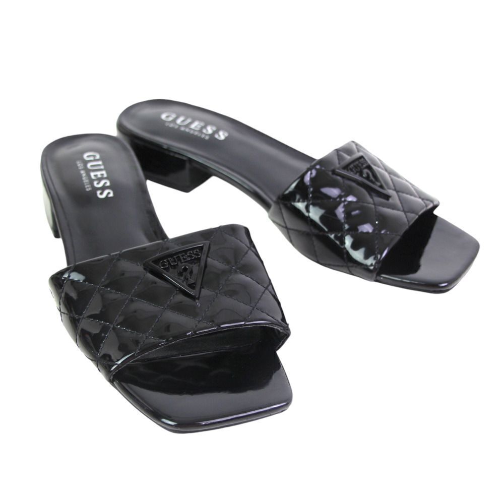 GUESS QUILTED PATENT BLACK LEATHER LOW HEEL OPEN TOE SANDALS MULES SHOES Sz 6M